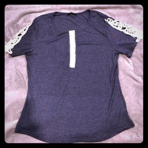 Heather Blue & White Lace Button Front Top. NWT!